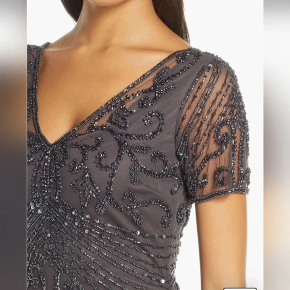 PISARRO NIGHTS 14 Beaded Mesh Column Gown Slate NWT - Picture 4 of 16